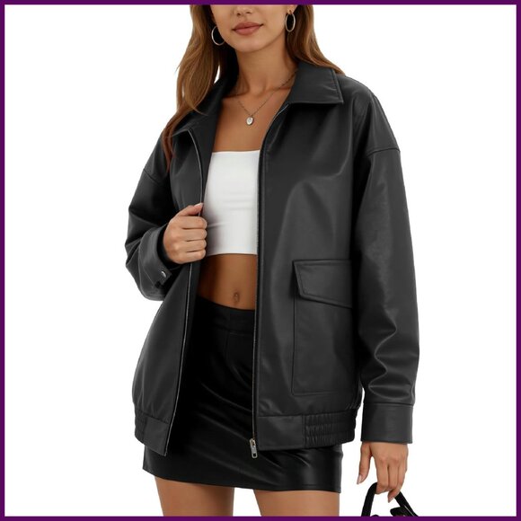 Oversized Faux Leather Motorcycle Jacket with Double Pockets